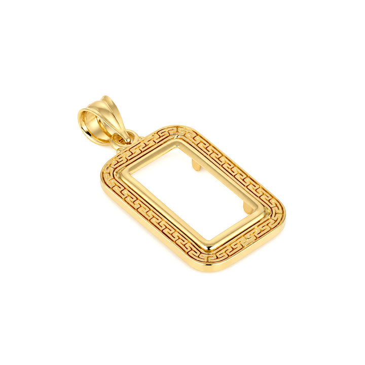 14K gold Greek key bar bezel for 1 Gram Credit Suisse / PAMP-style Gold Bar, angle view 1 #size_uscjsg001-15-3-x-8-8-mm-1-gram