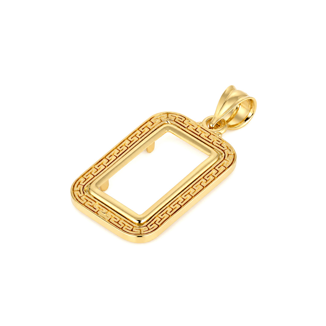 14K gold Greek key bar bezel for 1 Gram Credit Suisse / PAMP-style Gold Bar, angle view 2 #size_uscjsg001-15-3-x-8-8-mm-1-gram