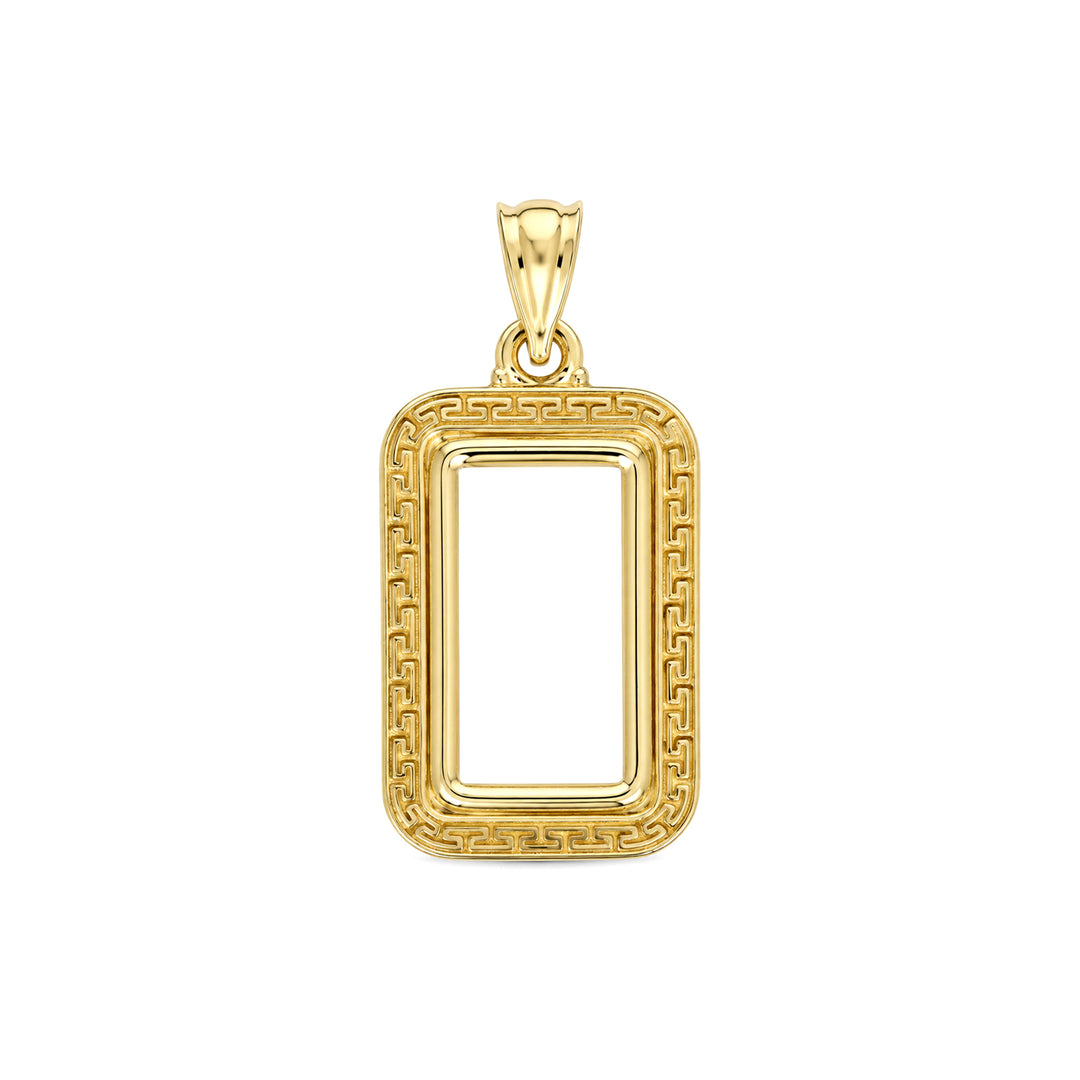 14K gold Greek key bar bezel for 1 Gram Credit Suisse / PAMP-style Gold Bar, front view #size_uscjsg001-15-3-x-8-8-mm-1-gram