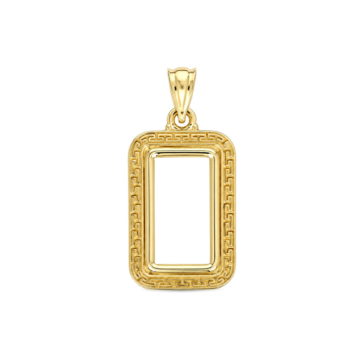 14K gold Greek key bar bezel for 1 Gram Credit Suisse / PAMP-style Gold Bar, front view #size_uscjsg001-15-3-x-8-8-mm-1-gram