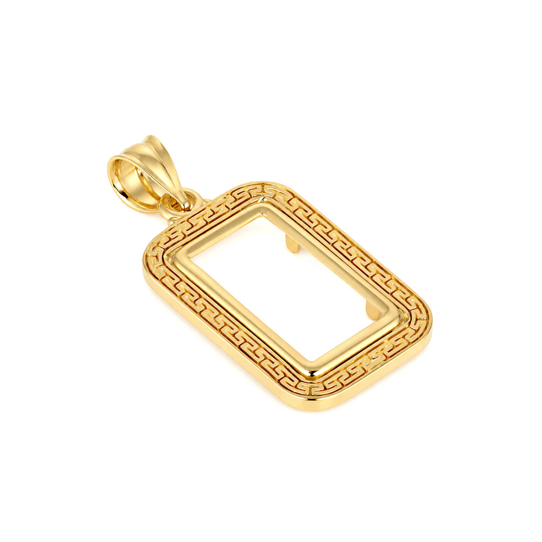 14K gold Greek key bar bezel for 2.5 Gram PAMP Gold Bar, angle view 1 #size_uscjsg002-19-0-x-11-60-mm-2-5-gr-pamp
