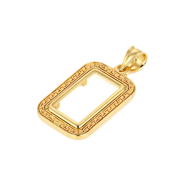 14K gold Greek key bar bezel for 2.5 Gram PAMP Gold Bar, angle view 2 #size_uscjsg002-19-0-x-11-60-mm-2-5-gr-pamp