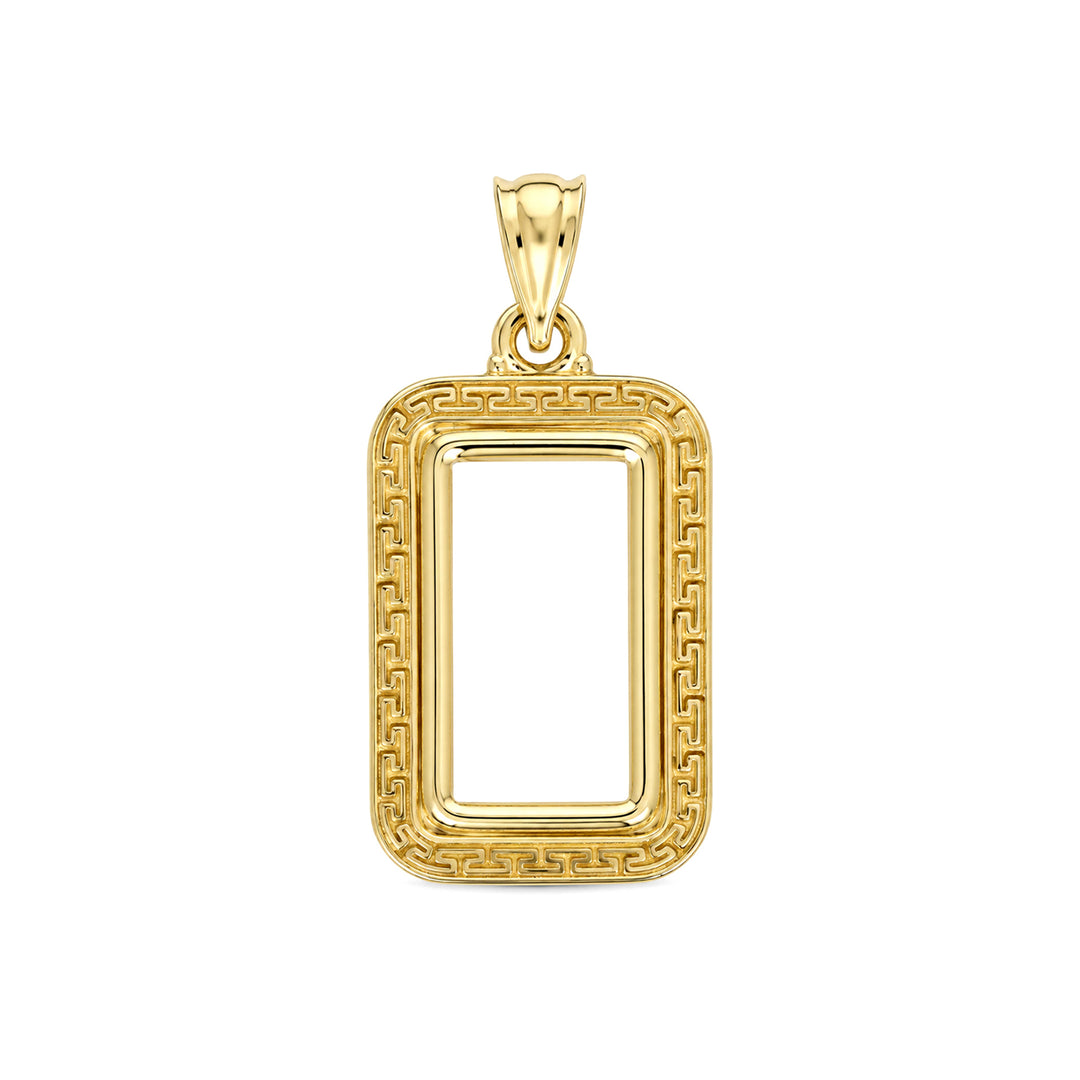 14K gold Greek key bar bezel for 2.5 Gram PAMP Gold Bar, front view #size_uscjsg002-19-0-x-11-60-mm-2-5-gr-pamp