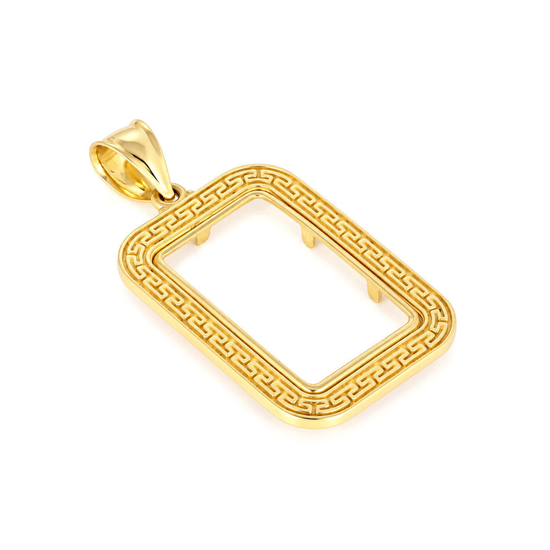 14K gold Greek key bar bezel for 2.5 Gram Credit Suisse Gold Bar, front view #size_uscjsg003-22-4-x-13-3-mm-2-5-gram
