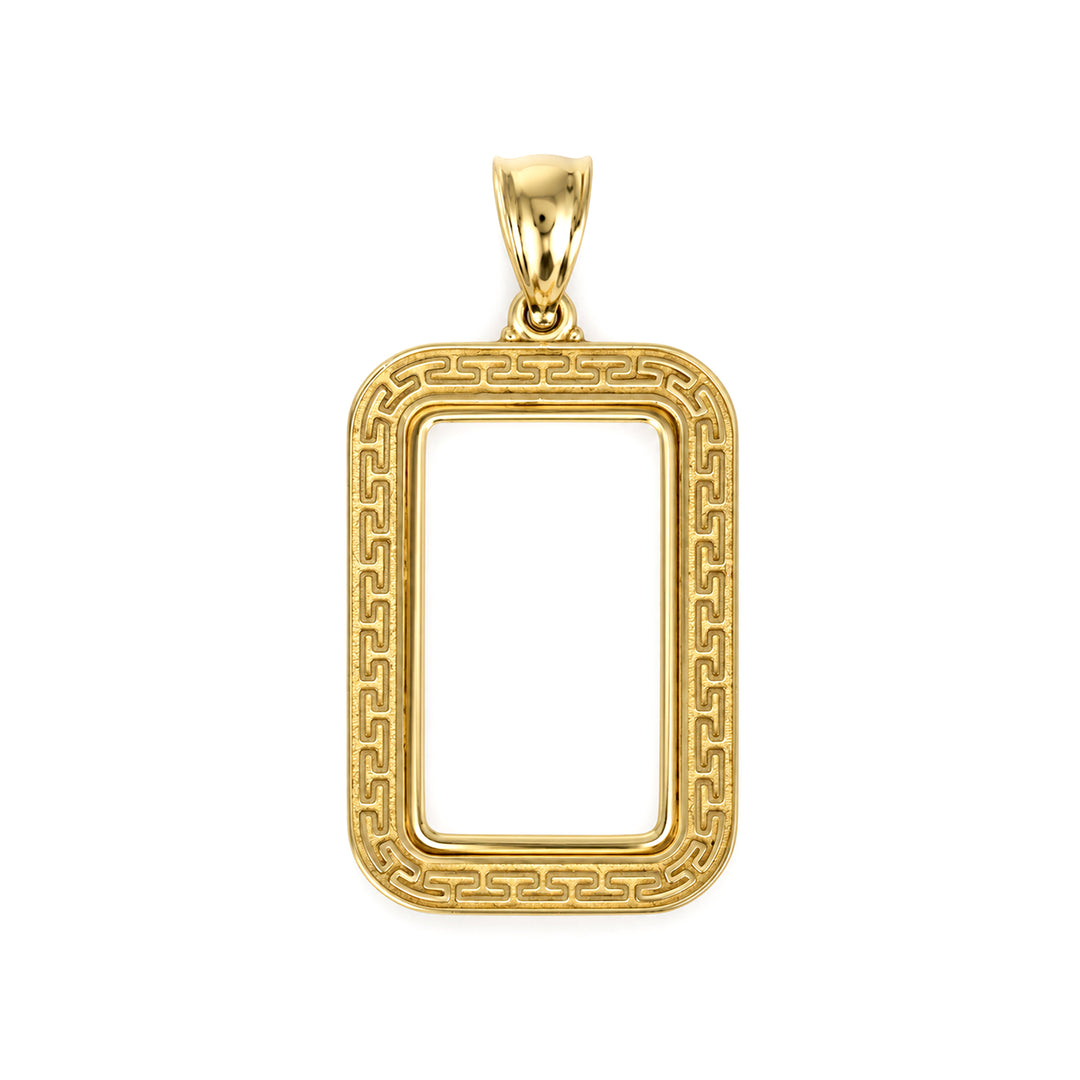 14K gold Greek key bar bezel for 2.5 Gram Credit Suisse Gold Bar, front view #size_uscjsg003-22-4-x-13-3-mm-2-5-gram
