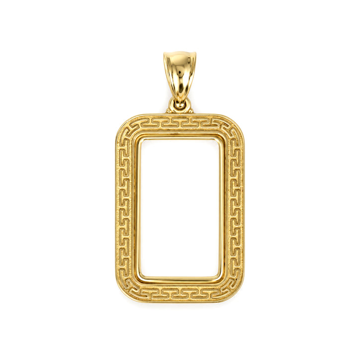 14K gold Greek key bar bezel for 2.5 Gram Credit Suisse Gold Bar, front view #size_uscjsg003-22-4-x-13-3-mm-2-5-gram