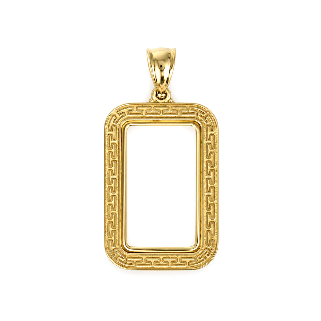 14K gold Greek key bar bezel for 5 Gram Credit Suisse Gold Bar, front view #size_uscjsg004-23-5-x-14-4-mm-5-gram