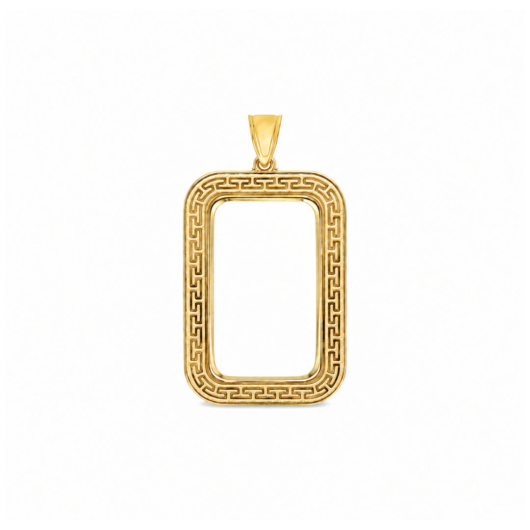 14K gold Greek key bar bezel for 10 Gram / 1/4 Ounce Credit Suisse Gold Bar, front view #size_uscjsg005-26-8-x-16-mm-10-gr-1-4-ounce