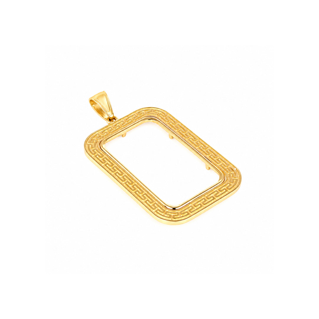 14K gold Greek key bar bezel for Swiss 20 Gram New / Small Gold Bar, angle view 1 #size_uscjsg006-29-8-x-17-40-mm-swiss-20-gr-new-small