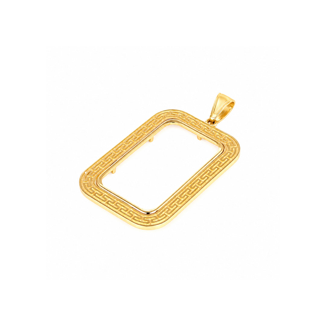 14K gold Greek key bar bezel for Swiss 20 Gram New / Small Gold Bar, angle view 2 #size_uscjsg006-29-8-x-17-40-mm-swiss-20-gr-new-small