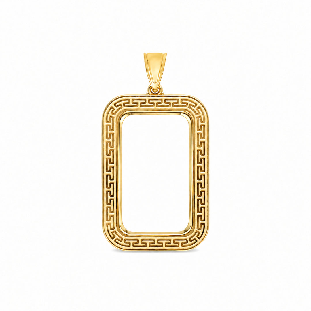 14K gold Greek key bar bezel for Swiss 20 Gram New / Small Gold Bar, front view #size_uscjsg006-29-8-x-17-40-mm-swiss-20-gr-new-small