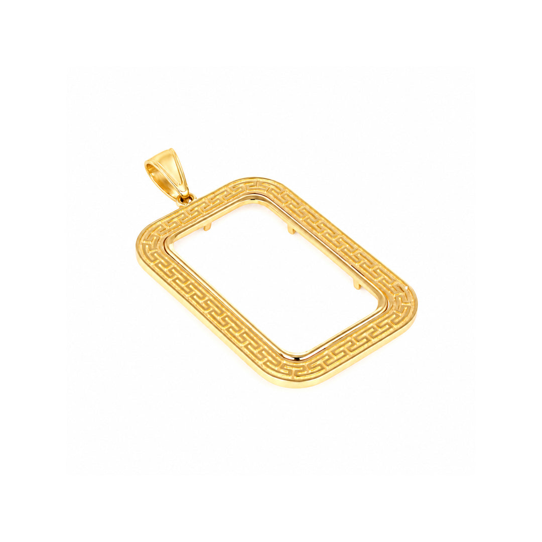 14K gold Greek key bar bezel for 20 Gram / 1/2 Ounce Credit Suisse Gold Bar, angle view 1 #size_uscjsg007-31-4-x-18-4-mm-20-gr-1-2-ounce