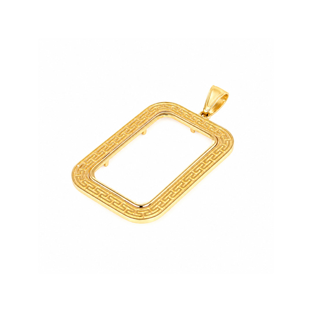 14K gold Greek key bar bezel for 20 Gram / 1/2 Ounce Credit Suisse Gold Bar, angle view 2 #size_uscjsg007-31-4-x-18-4-mm-20-gr-1-2-ounce