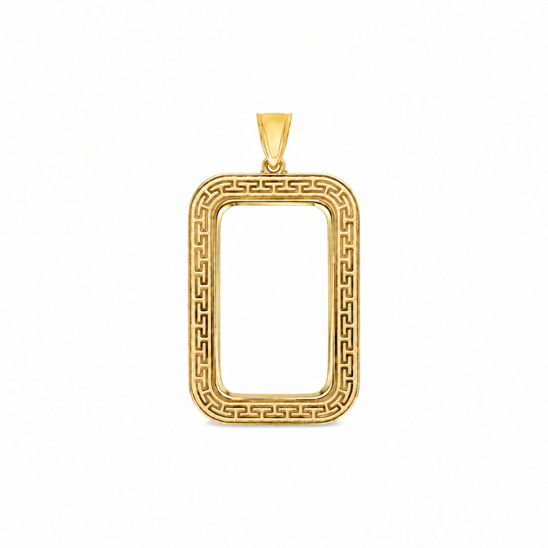 14K gold Greek key bar bezel for 20 Gram / 1/2 Ounce Credit Suisse Gold Bar, front view #size_uscjsg007-31-4-x-18-4-mm-20-gr-1-2-ounce