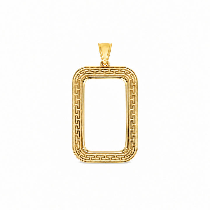 14K gold Greek key bar bezel for 20 Gram / 1/2 Ounce Credit Suisse Gold Bar, front view #size_uscjsg007-31-4-x-18-4-mm-20-gr-1-2-ounce