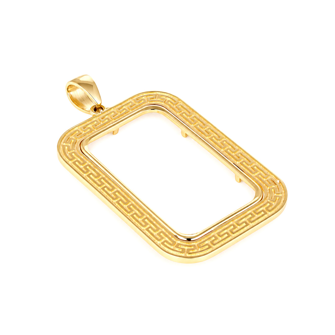 14K gold Greek key bar bezel for 1 Ounce Credit Suisse Gold Bar, angle view 1 #size_uscjsg008-41-5-x-24-3-mm-1-ounce