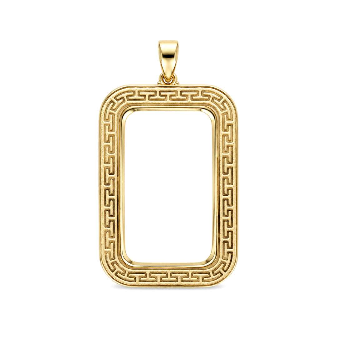 14K gold Greek key bar bezel for 1 Ounce Credit Suisse Gold Bar, front view #size_uscjsg008-41-5-x-24-3-mm-1-ounce