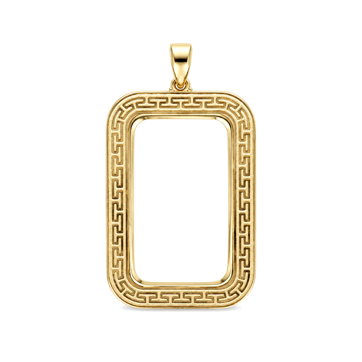 14K gold Greek key bar bezel for 1 Ounce Credit Suisse Gold Bar, front view #size_uscjsg008-41-5-x-24-3-mm-1-ounce