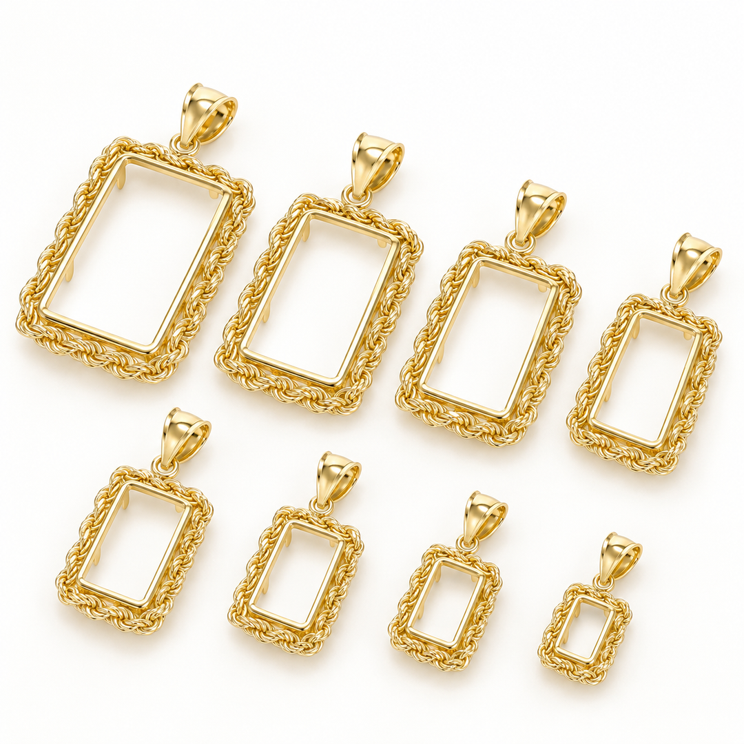 Eight US Certified Jewelry yellow gold rope chain rectangular bar bezels in graduated sizes on a white background
