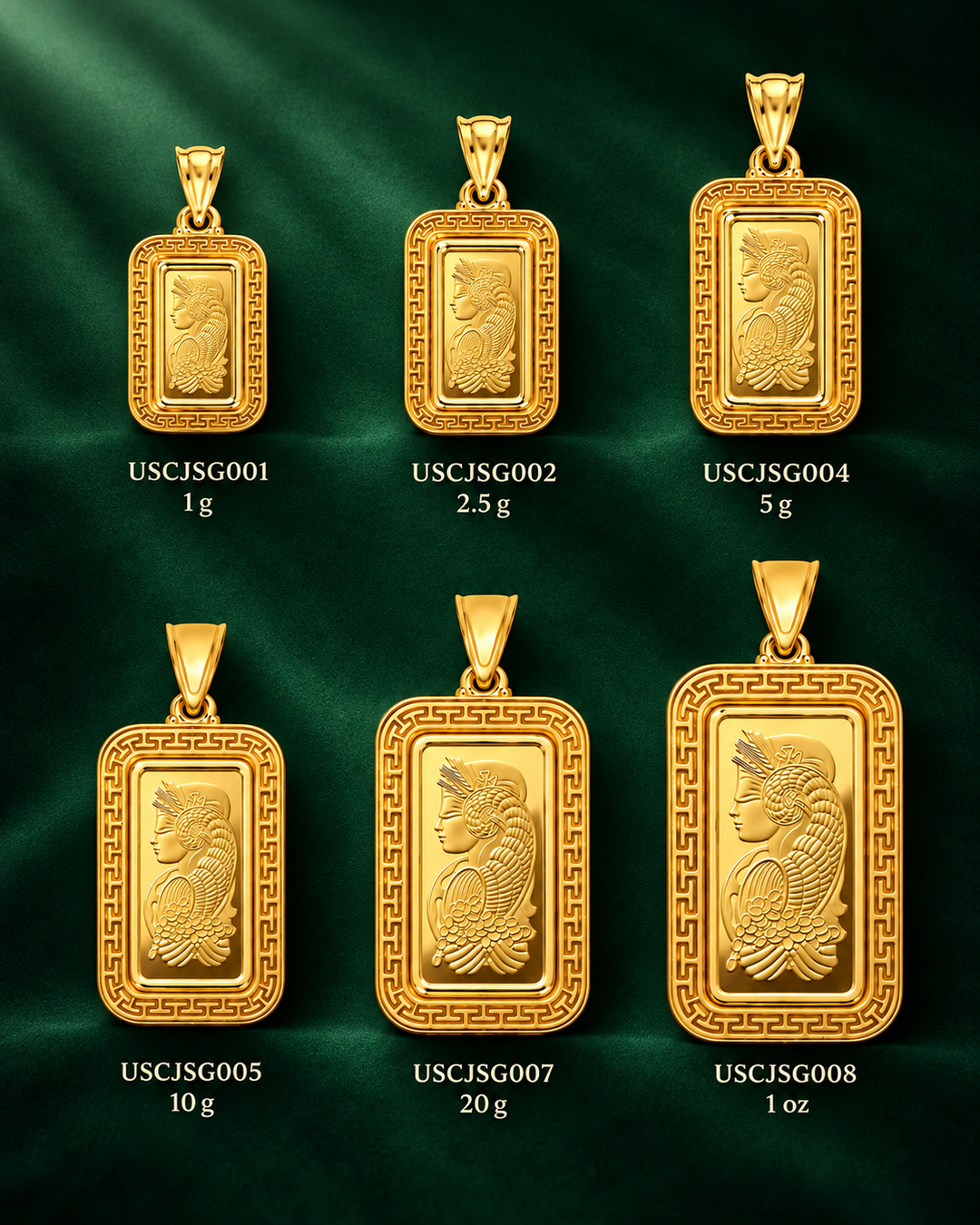 Six USCJSG yellow gold Greek key bar bezels with PAMP Lady Fortuna gold bars, labeled from 1 gram to 1 troy ounce on an emerald green background