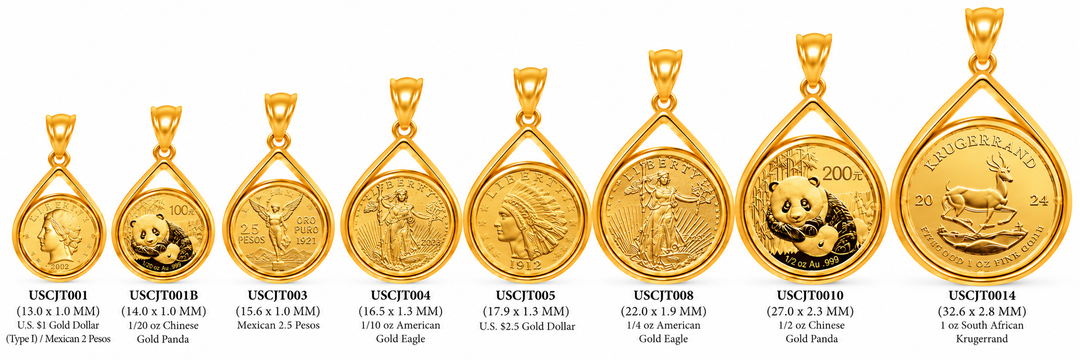 Eight yellow gold plain teardrop coin bezels from the USCJT collection, shown with assorted gold coins and labeled with SKU codes, frame dimensions and coin types