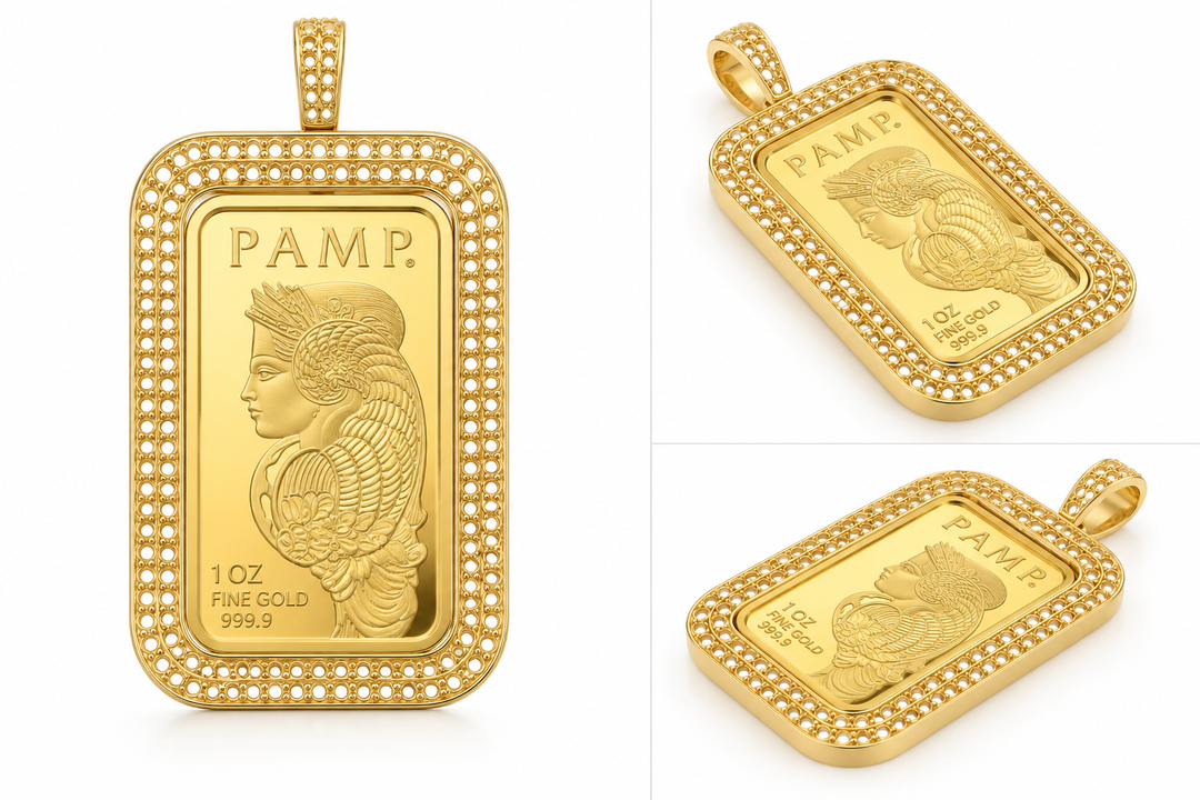 14K yellow gold double-row diamond-ready pavé bar bezel featuring a 1 oz PAMP Suisse Lady Fortuna gold bar, three product views, unset gemstone settings, made in USA by US Certified Jewelry