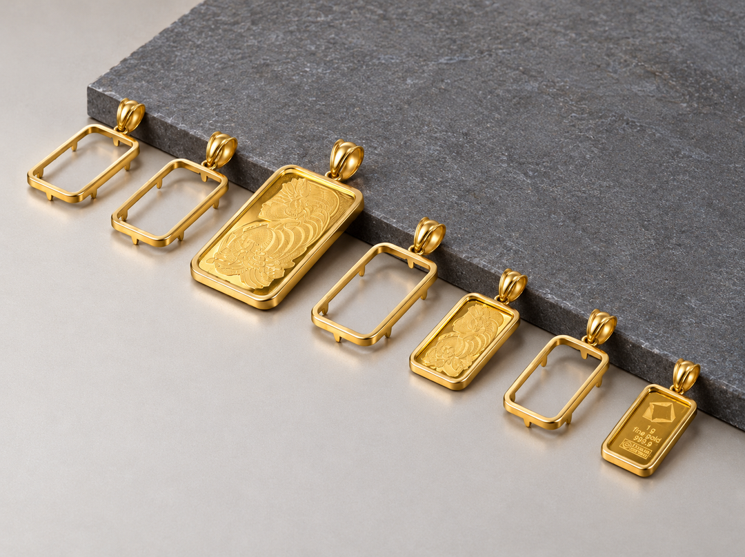 US Certified Jewelry plain rectangular yellow gold bar bezels in assorted sizes, shown empty and with gold bars beside a gray stone slab