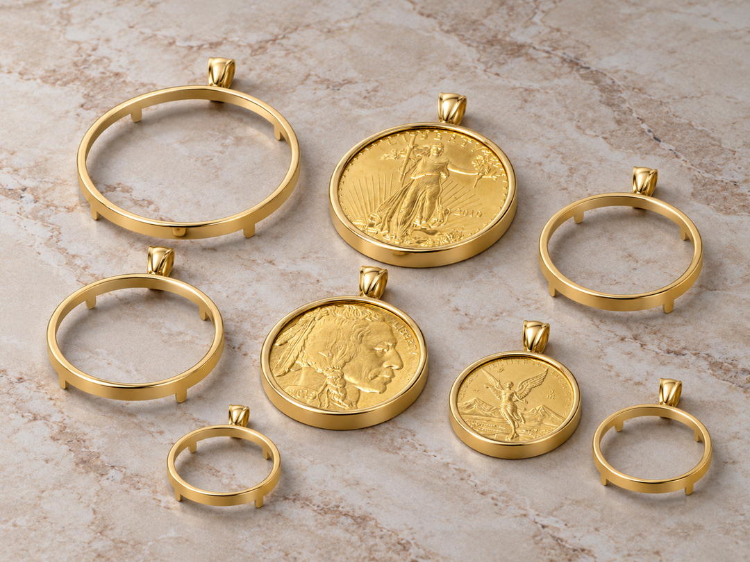 US Certified Jewelry plain round yellow gold coin bezels in assorted sizes, shown empty and with gold coins on a beige marble background