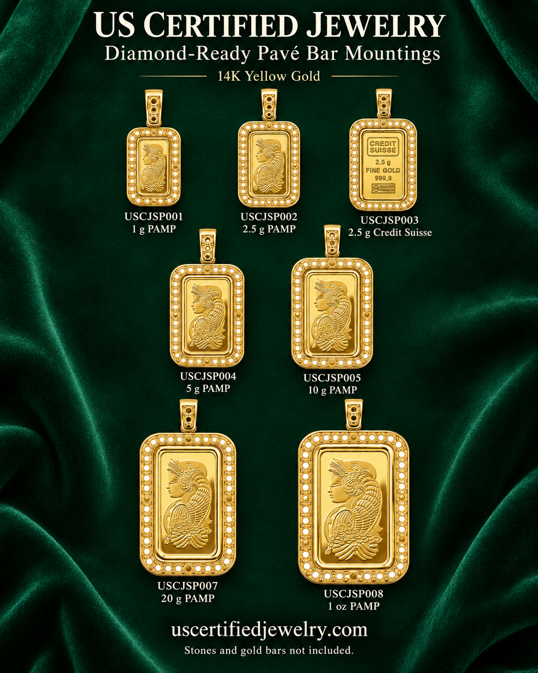 US Certified Jewelry 14K yellow gold diamond-ready pave bar mountings in seven sizes, shown with PAMP and Credit Suisse gold bars