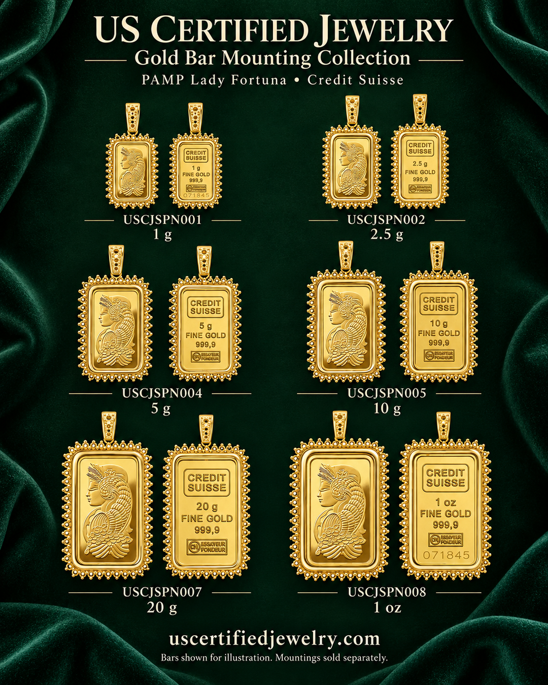 USCJSPN diamond-ready prong bar mounting size guide showing six frame sizes, SKU codes, dimensions in millimeters and gold bar weight designations