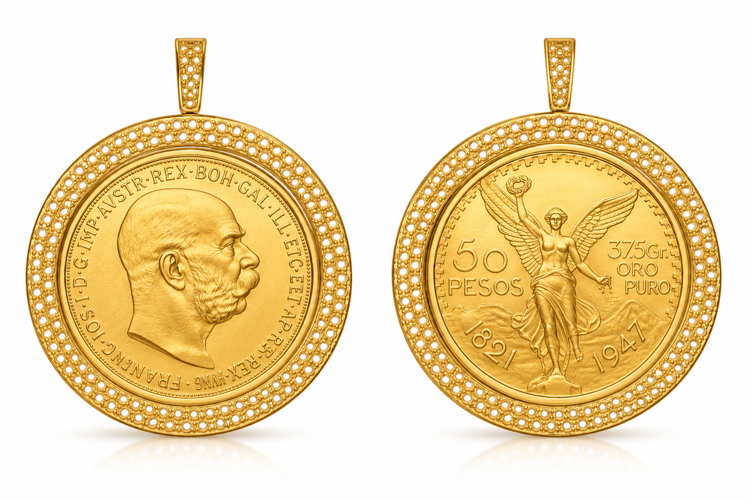 USCJ2PR0016 | 14K Yellow Gold Double-Row Diamond-Ready Pave Coin Bezel Frames shown with Austrian 100 Corona and Mexican 50 Pesos gold coins, illustrative display, coins and stones not included | US Certified Jewelry