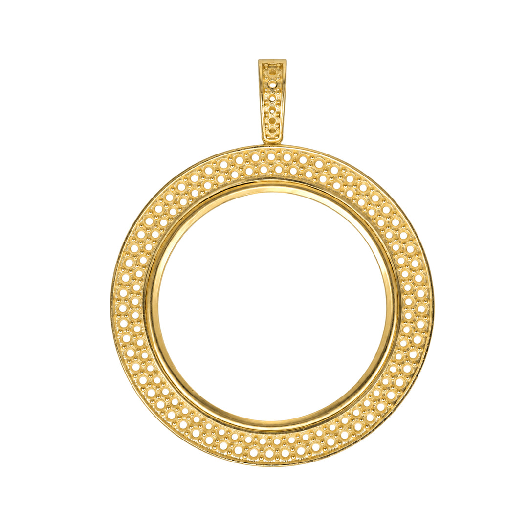 USCJ2PR0016 | 14K Yellow Gold Double-Row Diamond-Ready Pave Coin Bezel for Austrian 100 Corona and Mexican 50 Pesos, Front View | US Certified Jewelry