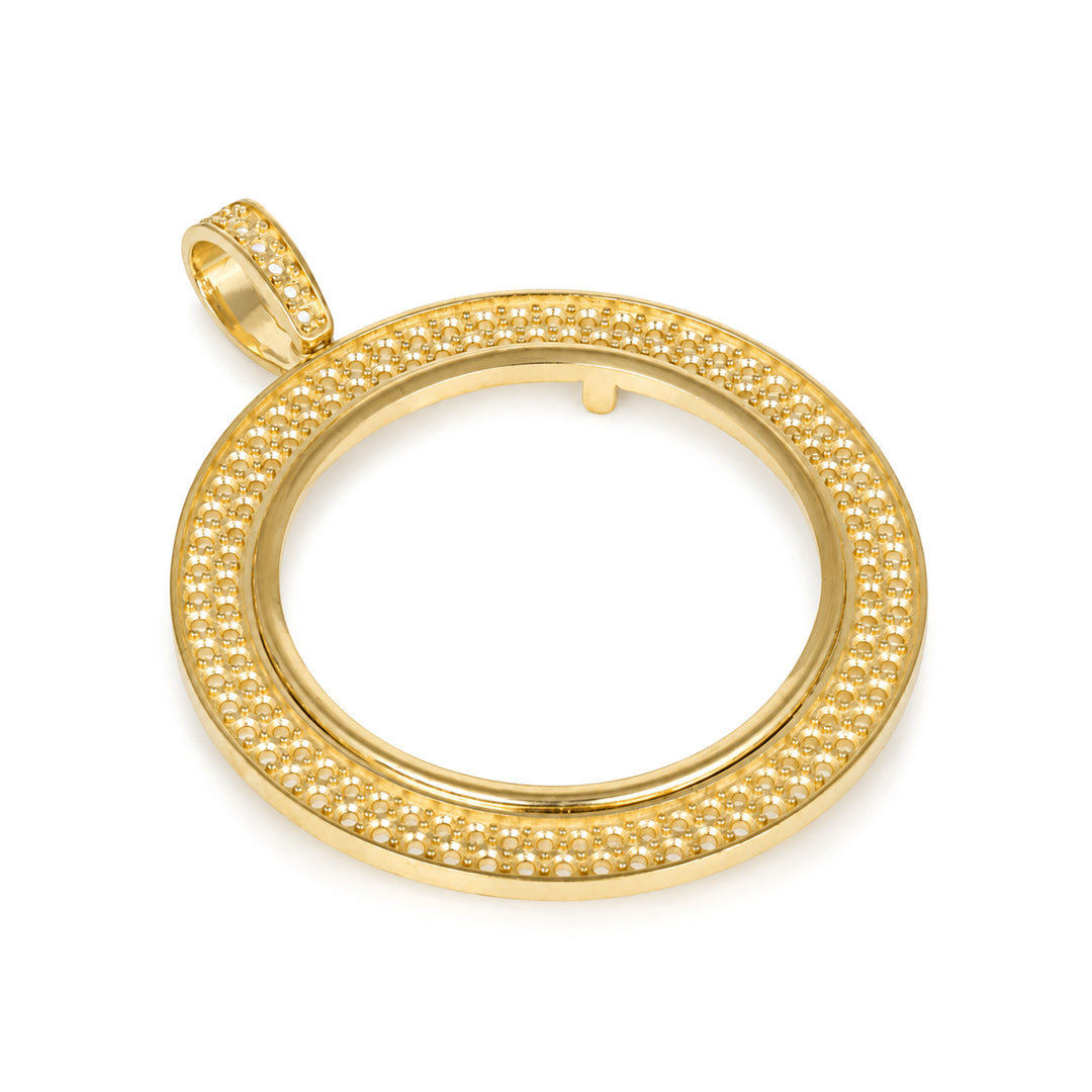 USCJ2PR0016 | 14K Yellow Gold Double-Row Diamond-Ready Pave Coin Bezel for Austrian 100 Corona and Mexican 50 Pesos, Left Angled View | US Certified Jewelry