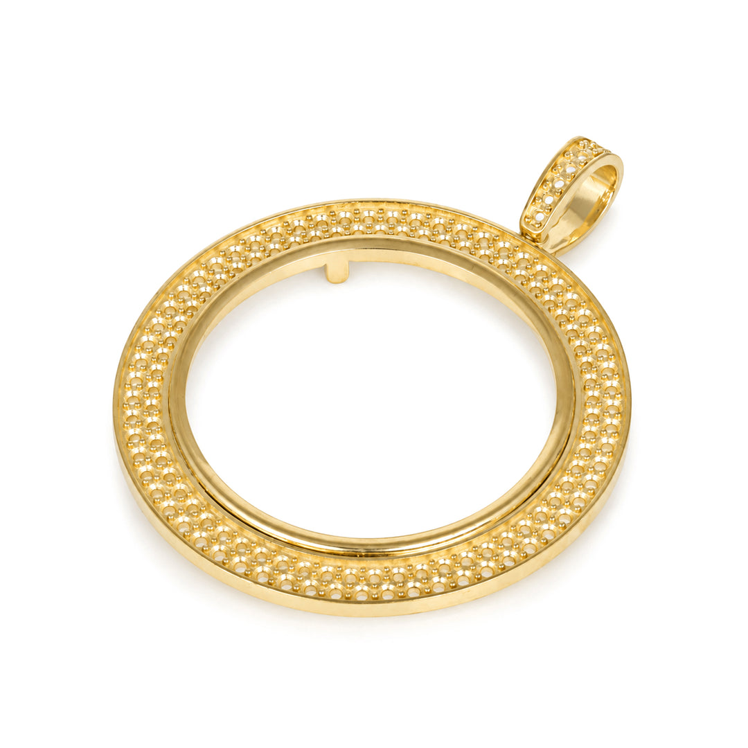 USCJ2PR0016 | 14K Yellow Gold Double-Row Diamond-Ready Pave Coin Bezel for Austrian 100 Corona and Mexican 50 Pesos, Right Angled View | US Certified Jewelry