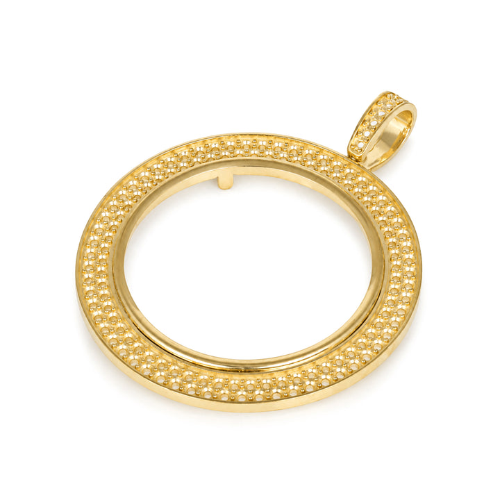 USCJ2PR0016 | 14K Yellow Gold Double-Row Diamond-Ready Pave Coin Bezel for Austrian 100 Corona and Mexican 50 Pesos, Right Angled View | US Certified Jewelry