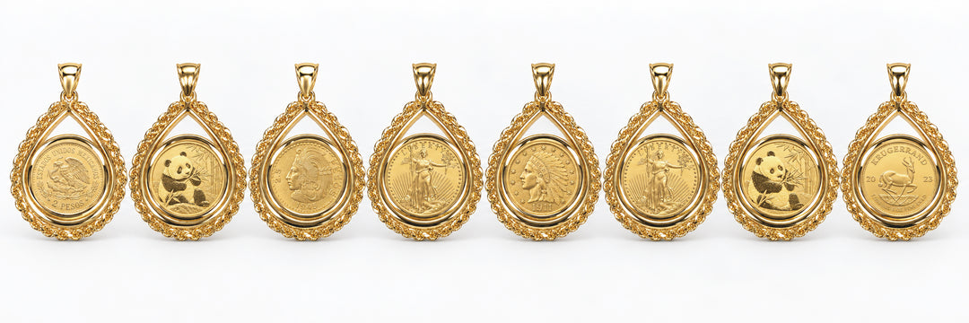 Eight USCJTR yellow gold rope chain teardrop coin bezels displayed with Mexican, American, Chinese Panda and South African Krugerrand gold coins on a white background
