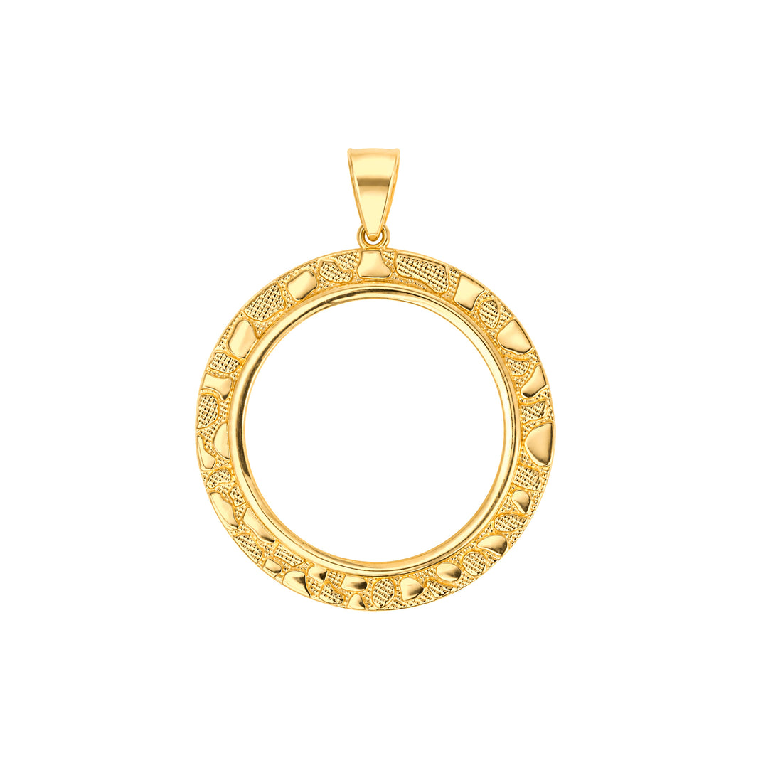 14K gold round nugget coin bezel frame, die-struck, made in USA, USCJN0010 (27 x 2.3 MM), product view uscj-14k-gold-round-nugget-coin-bezel-uscjn0010-front-product-view | US Certified Jewelry #size_uscjn0010-27-x-2-3-mm