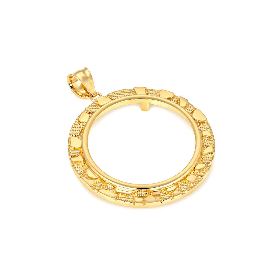 14K gold round nugget coin bezel frame, die-struck, made in USA, USCJN0010 (27 x 2.3 MM), product view 2 | US Certified Jewelry #size_uscjn0010-27-x-2-3-mm