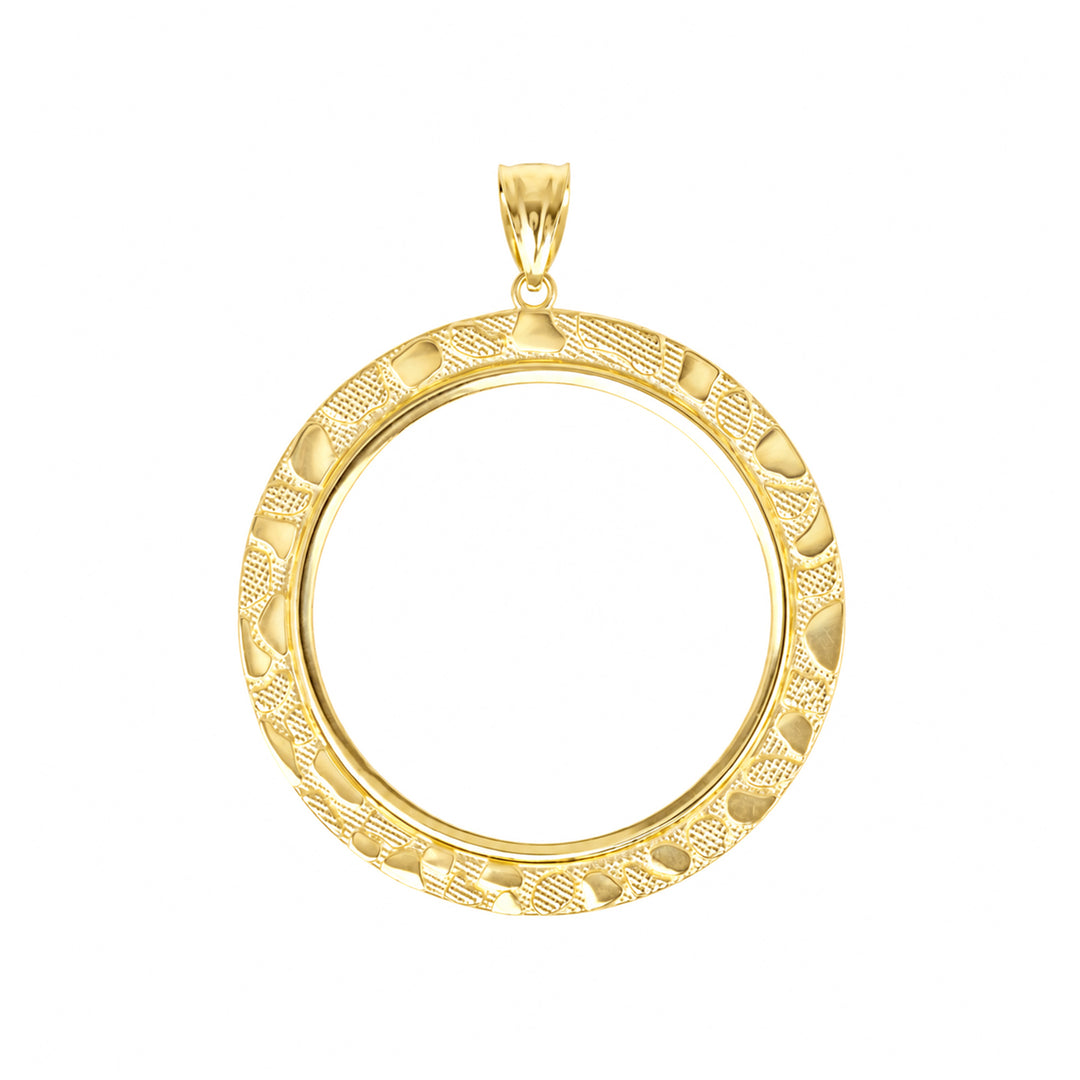 14K gold round nugget coin bezel frame, die-struck, made in USA, USCJN0014 (32.6 x 2.8 MM), product view uscj-14k-gold-round-nugget-coin-bezel-uscjn0014-front-product-view | US Certified Jewelry #size_uscjn0014-32-6-x-2-8-mm