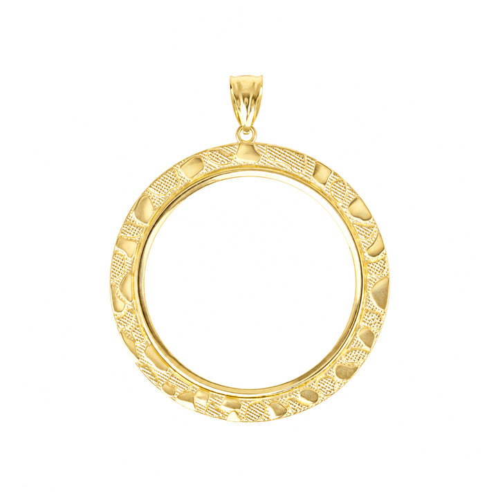 14K gold round nugget coin bezel frame, die-struck, made in USA, USCJN0014 (32.6 x 2.8 MM), product view uscj-14k-gold-round-nugget-coin-bezel-uscjn0014-front-product-view | US Certified Jewelry #size_uscjn0014-32-6-x-2-8-mm