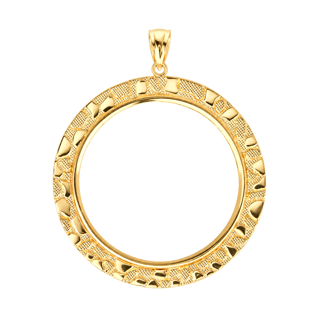14K gold round nugget coin bezel frame, die-struck, made in USA, USCJN0016 (37.0 x 2.8 MM), product view uscj-14k-gold-round-nugget-coin-bezel-uscjn0016-front-product-view | US Certified Jewelry #size_uscjn0016-37-0-x-2-8-mm