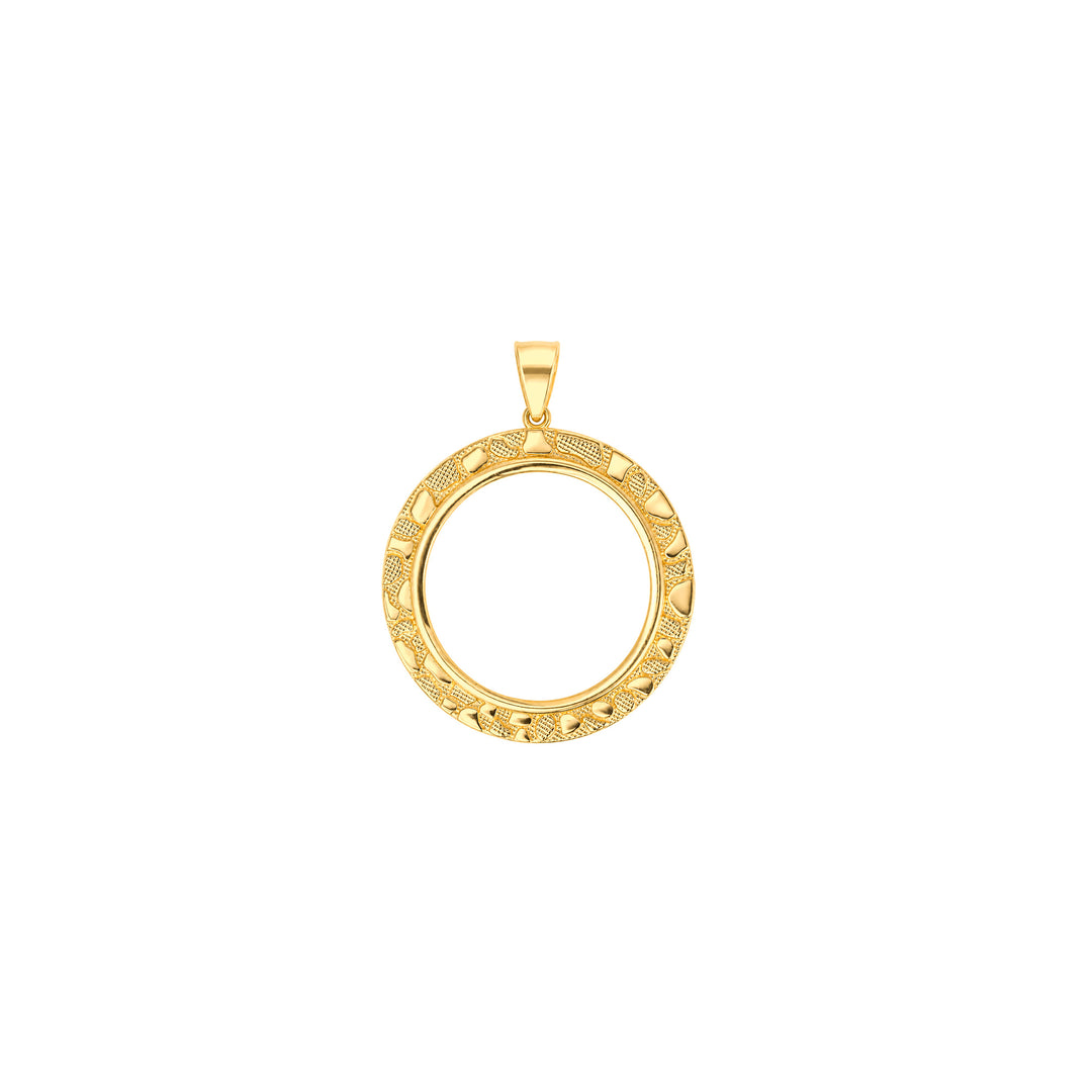 14K gold round nugget coin bezel frame, die-struck, made in USA, USCJN004 (16.5 x 1.3 MM), product view uscj-14k-gold-round-nugget-coin-bezel-uscjn004-front-product-view | US Certified Jewelry #size_uscjn004-16-5-x-1-3-mm