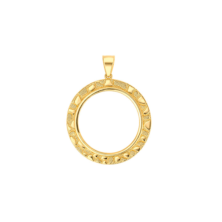 14K gold round nugget coin bezel frame, die-struck, made in USA, USCJN008 (22 x 1.9 MM), product view uscj-14k-gold-round-nugget-coin-bezel-uscjn008-front-product-view | US Certified Jewelry #size_uscjn008-22-x-1-9-mm