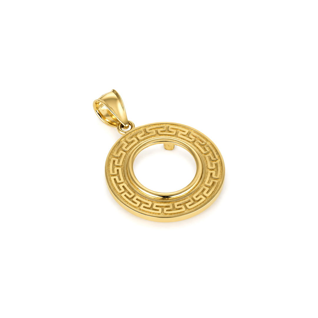 14K gold Greek key coin bezel, angle view 1 #size_uscjfg001-13-0-x-1-0-mm