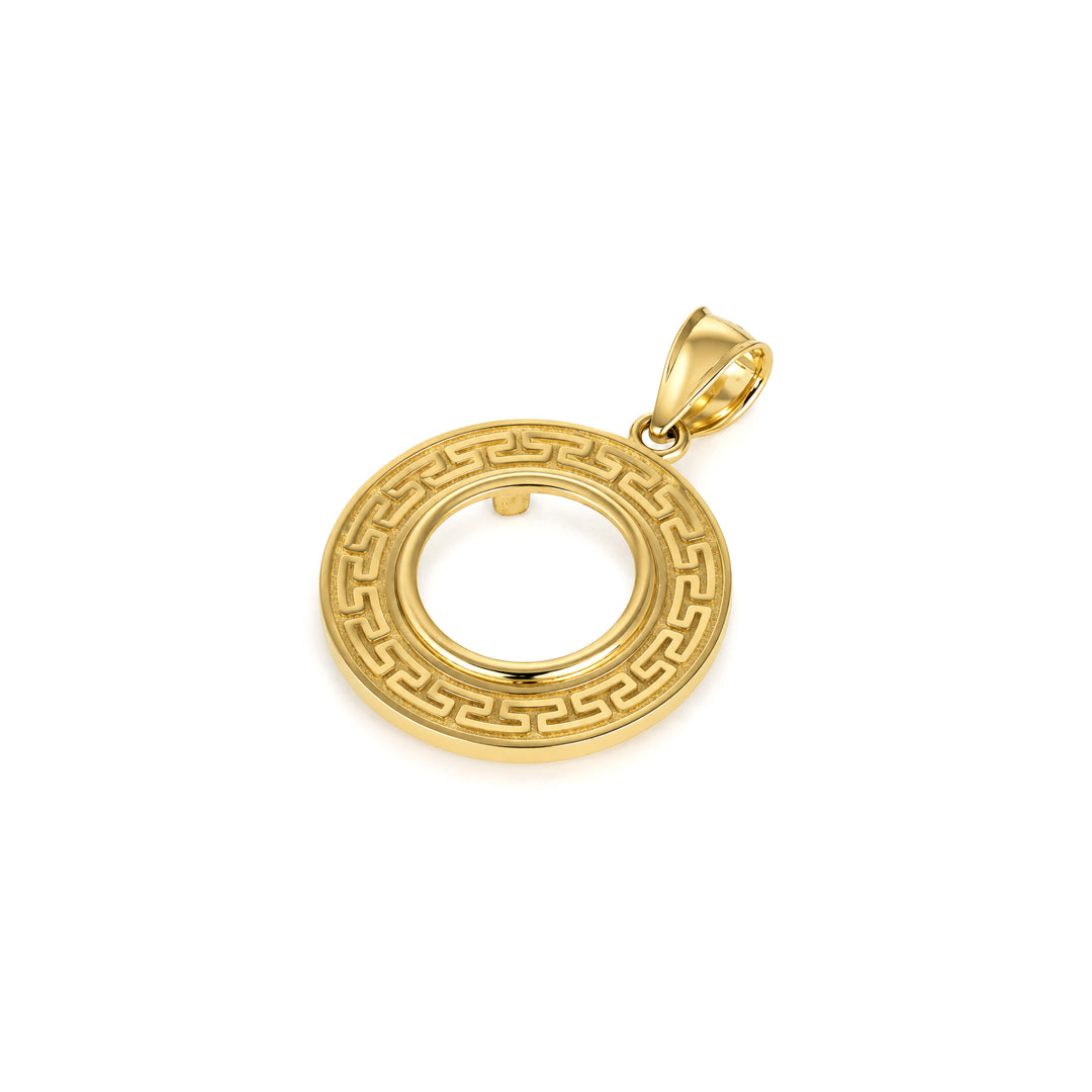 14K gold Greek key coin bezel, angle view 2 #size_uscjfg001-13-0-x-1-0-mm