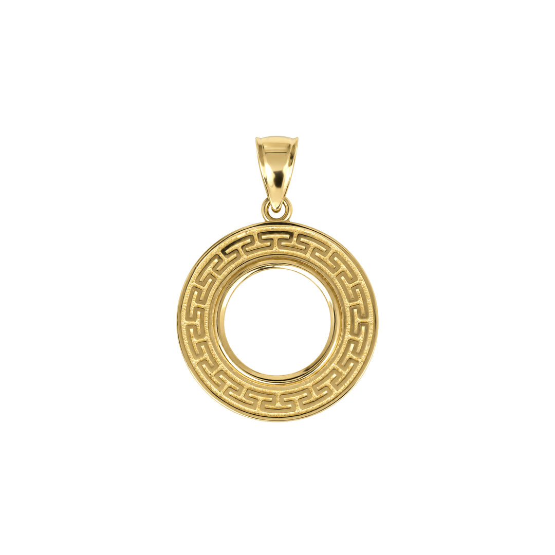 14K gold Greek key coin bezel, front view #size_uscjfg001-13-0-x-1-0-mm