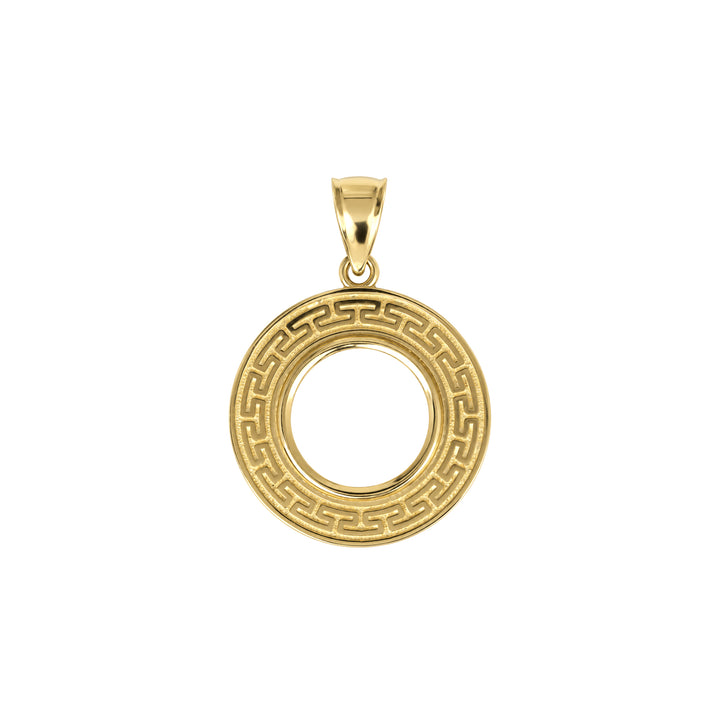 14K gold Greek key coin bezel, front view #size_uscjfg001-13-0-x-1-0-mm