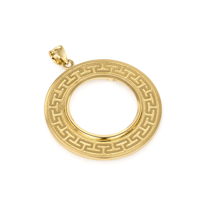 14K gold Greek key coin bezel, angle view 2 #size_uscjfg0010-27-x-2-3-mm