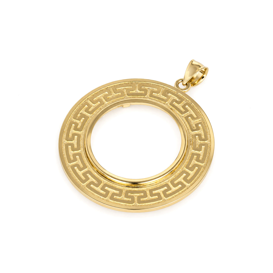 14K gold Greek key coin bezel, angle view 2 #size_uscjfg0010-27-x-2-3-mm