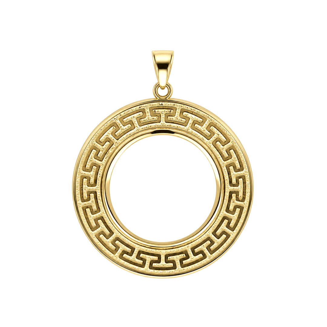 14K gold Greek key coin bezel, front view #size_uscjfg0010-27-x-2-3-mm